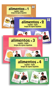 Colección de cartas de vocabulario elemental en castellano, inglés y lengua de signos española (LSE). Por una cara, encontrarás las fotografías de los alimentos y la palabra escrita en inglés y castellano en mayúsculas y minúsculas. Por la otra cara, una imagen con el signos o signos correspondientes a cada alimento, el nombre en castellano en mayúsculas y minúsculas y una foto del alimentos. Además, cada colección contiene una tabla con el signidicado de las símbolos gráficos de la fotografía del signo, para hacer el signo ceorrestamente.